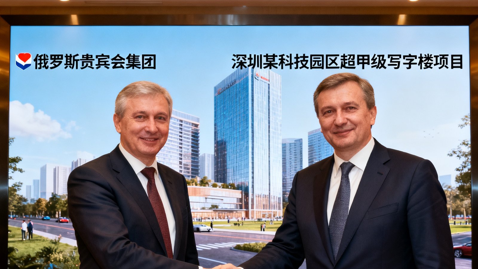 俄罗斯贵宾会集团与深圳某科技园区超甲级写字楼项目签约仪式现场，双方代表握手合影，背景为项目效果图展板，场面正式而庄重