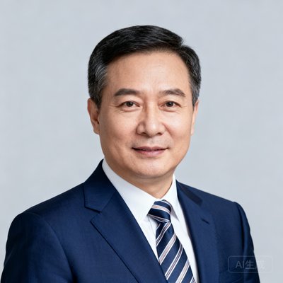 华远地产副总裁王建国先生商务形象照，背景为浅灰色，身着深蓝西装搭配条纹领带，表情自然而专业