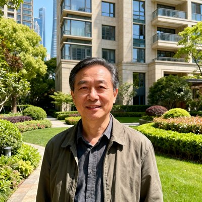 上海陆家嘴某涉外公寓业主委员会代表陈俊辉先生，在公寓花园中拍摄的生活照，背景可见整洁的绿化景观和现代建筑立面